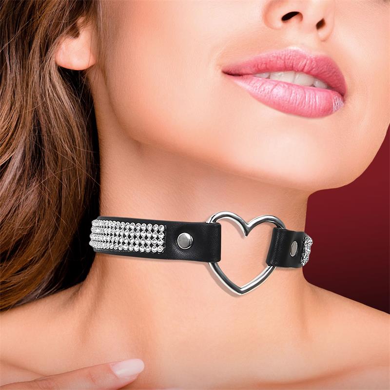 Collar con Corazón y Pedrería Estilo Choker Cuero Vegano Talla Única, imagen 2