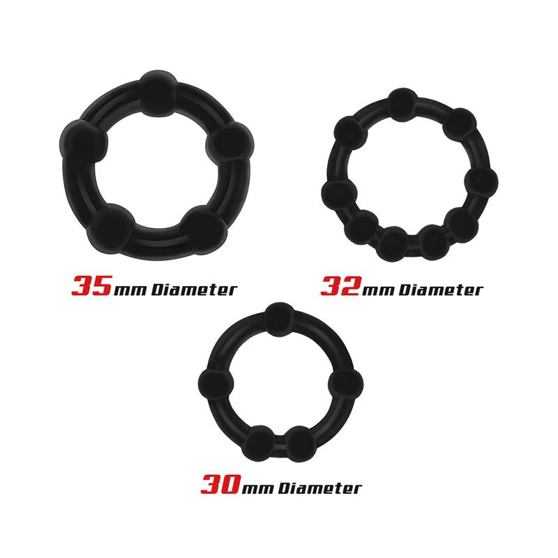 Set 3 Anillo para el Pene Beaded Flexibles Negro 2