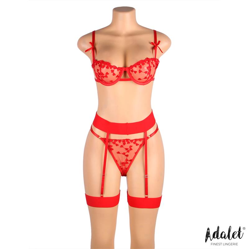 Yvonne Set Sujetador, Tanga y Liguero con Corazones Rojo