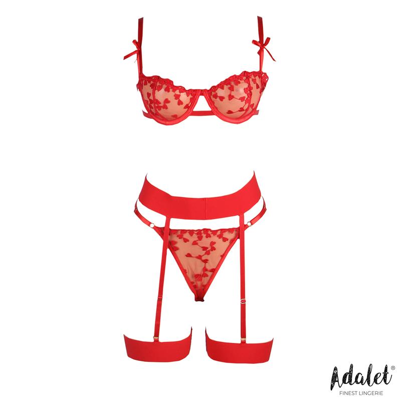Yvonne Set Sujetador, Tanga y Liguero con Corazones Rojo